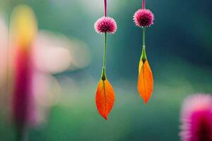 two pink flowers hanging from a string. AI-Generated photo