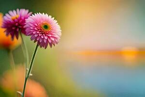 two pink flowers are standing in front of a lake. AI-Generated photo