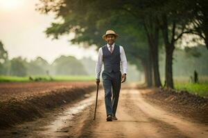 a man in a suit and hat walking down a dirt road. AI-Generated photo