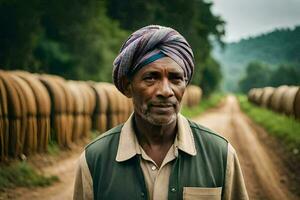 un hombre en un turbante soportes en frente de un campo de heno. generado por ai foto