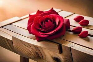 a red rose sits on top of a wooden bench. AI-Generated photo