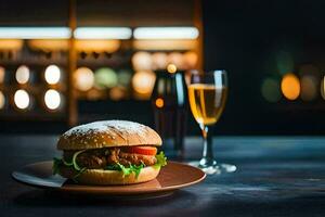 un hamburguesa y un vaso de champán en un mesa. generado por ai foto