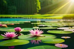 rosado loto flores en el agua con verde hojas. generado por ai foto