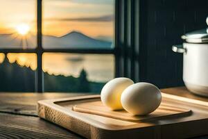 two eggs on a cutting board with a pan and a pot. AI-Generated photo