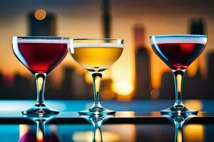three glasses of different colored drinks on a table. AI-Generated photo