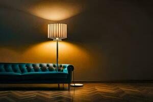 a blue couch in a room with a lamp. AI-Generated photo