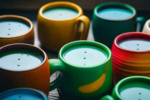 many colorful coffee cups are sitting on a table. AI-Generated photo