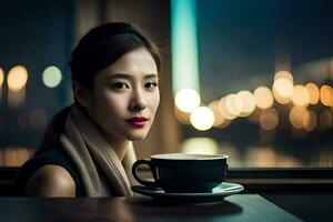 a woman is sitting at a table with a cup of coffee. AI-Generated photo