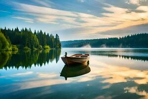 un barco es flotante en un calma lago. generado por ai foto