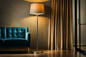 un azul sofá y lámpara en un habitación. generado por ai foto