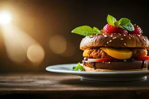 a hamburger with strawberries and cheese on a plate. AI-Generated photo