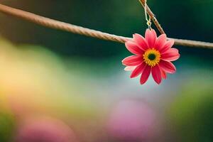 a pink flower is hanging from a wire. AI-Generated photo