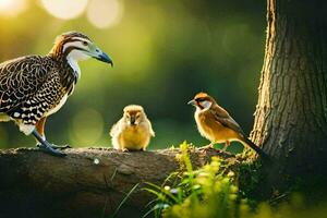 un familia de aves en pie en un árbol rama. generado por ai foto