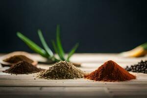 various spices and spices on a wooden table. AI-Generated photo