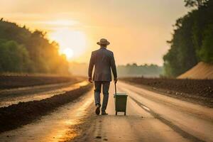 a man in a suit walks down a road with a trash can. AI-Generated photo