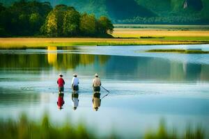 Tres hombres son caminando a través de un lago en el medio de un campo. generado por ai foto