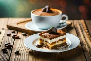 coffee and dessert on a wooden table. AI-Generated photo