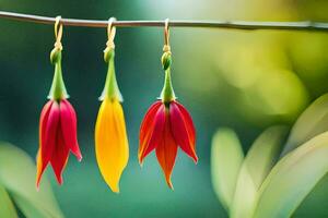 red and yellow flowers hanging from a branch. AI-Generated photo