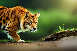 a tiger walking across the ground in the wild. AI-Generated photo