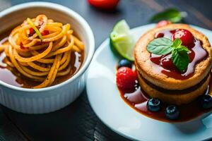 a plate with a dessert and a bowl of sauce. AI-Generated photo