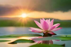 a pink lotus flower is reflected in the water at sunset. AI-Generated photo