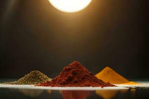 three different spices are shown in front of a light. AI-Generated photo