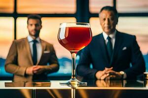 two men in suits standing next to a glass of red wine. AI-Generated photo