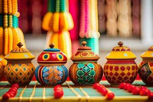 colorful pots and jars lined up on a table. AI-Generated photo