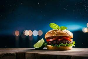 a hamburger with tomatoes and lettuce on a wooden table. AI-Generated photo