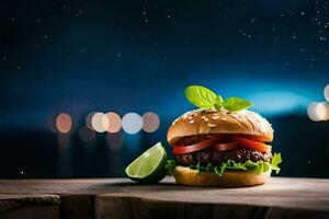 un hamburguesa con Tomates y lechuga en un de madera mesa. generado por ai foto