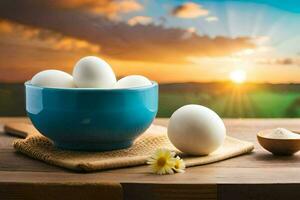 eggs in a bowl on a table with a sunset in the background. AI-Generated photo