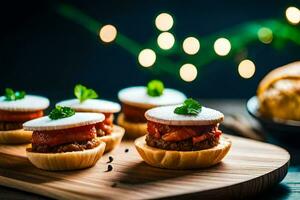 pequeño aperitivos en un de madera tablero con luces. generado por ai foto