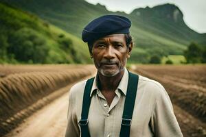 un hombre en un boina soportes en un campo. generado por ai foto