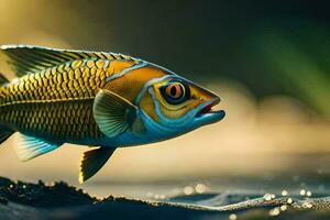 a fish with a yellow and blue body is swimming in the water. AI-Generated photo