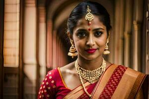 a beautiful indian woman wearing a red sari. AI-Generated photo