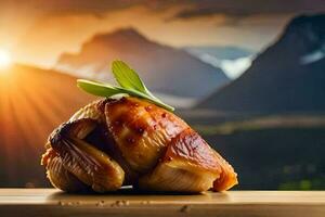 a chicken is sitting on a wooden table with a mountain in the background. AI-Generated photo