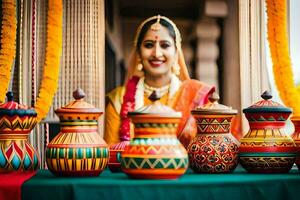 a woman in traditional indian attire is standing next to colorful pots. AI-Generated photo