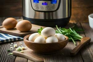 eggs in a bowl next to an instant pot. AI-Generated photo