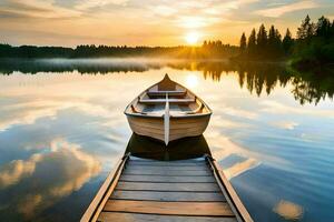a boat sits on the dock at sunset. AI-Generated photo