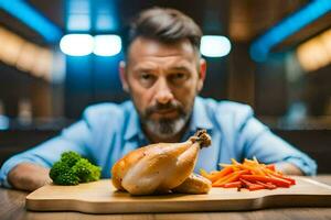 a man is sitting at a table with a chicken and vegetables. AI-Generated photo