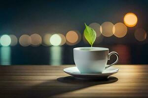 un taza de café con un verde hoja en el platillo. generado por ai foto