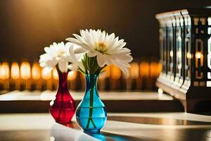 two vases with white flowers sitting on a table. AI-Generated photo