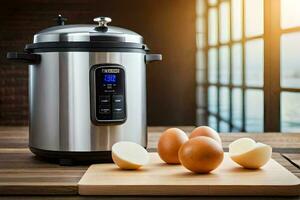 an electric pressure cooker with eggs on a cutting board. AI-Generated photo