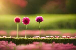 photo wallpaper the sun, flowers, grass, pink, the field, the field, the field. AI-Generated