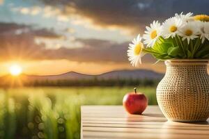 flores en un florero en un mesa con un manzana. generado por ai foto