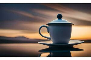 a cup of coffee on a saucer with a sunset in the background. AI-Generated photo