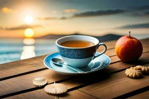 un taza de té y un plato de galletas en un de madera mesa. generado por ai foto