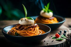 spaghetti with meatballs and mozzarella on a wooden table. AI-Generated photo