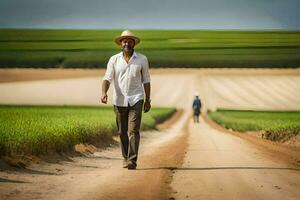 un hombre caminando abajo un suciedad la carretera en un campo. generado por ai foto