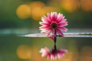 a pink flower sits on top of a leaf in the water. AI-Generated photo